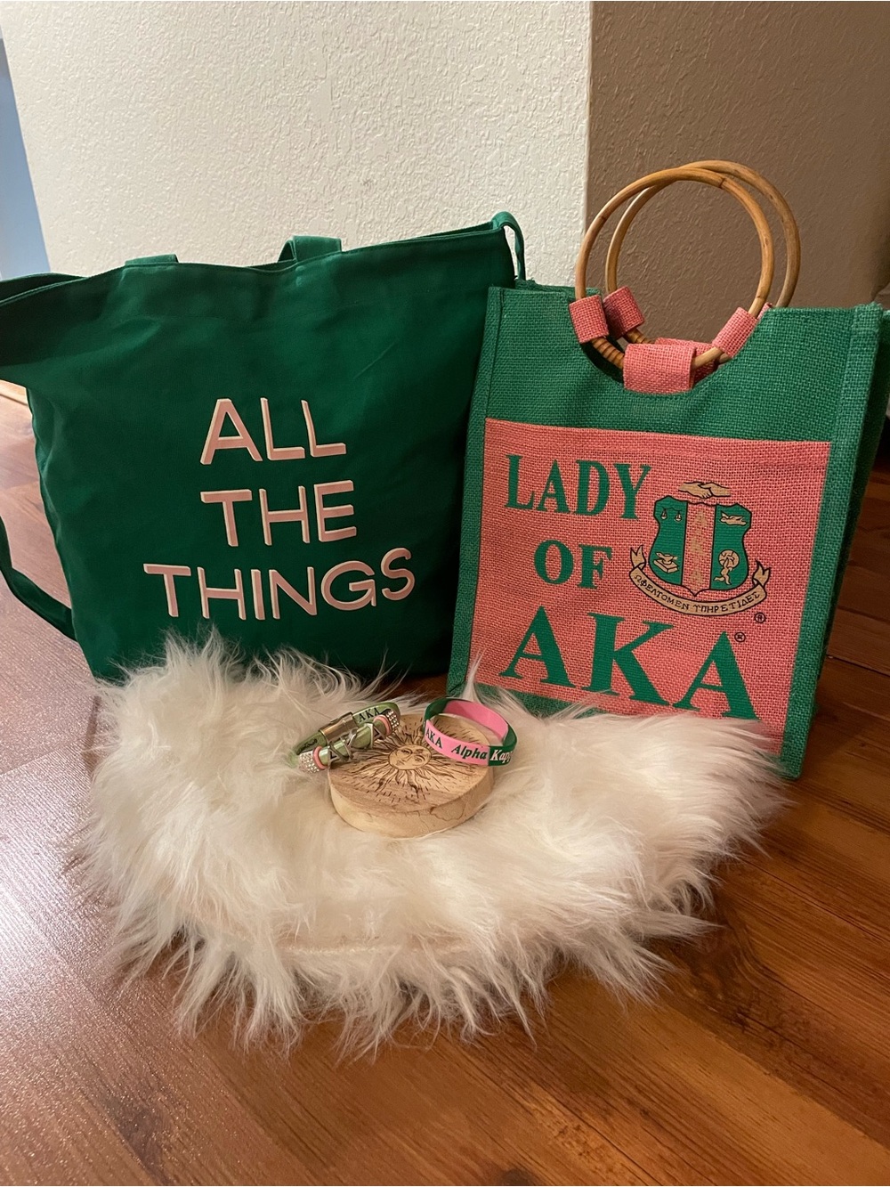 Pink and Green Things! Two Totes and two AKA Bracelets.